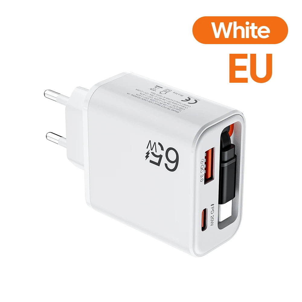 65W USB C Fast Charger with Retractable Cable - Tidesmit White EU Tidesmit