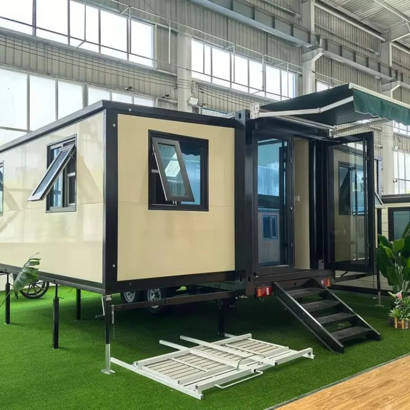 Prefab mobile container house with fenced porch and access ramp