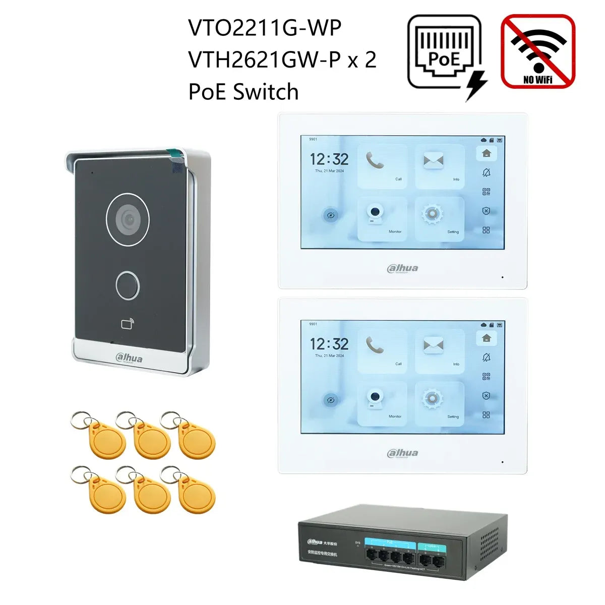 Dahua IP video intercom kit with gray door station, two indoor screens, PoE switch, RFID cards