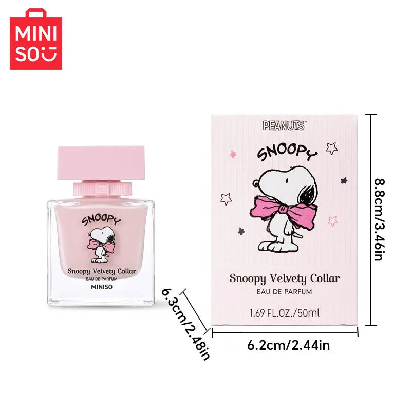MINISO x Snoopy Velvety Collar EDP for women: 50ml floral perfume in a pink rectangular glass bottle with box.