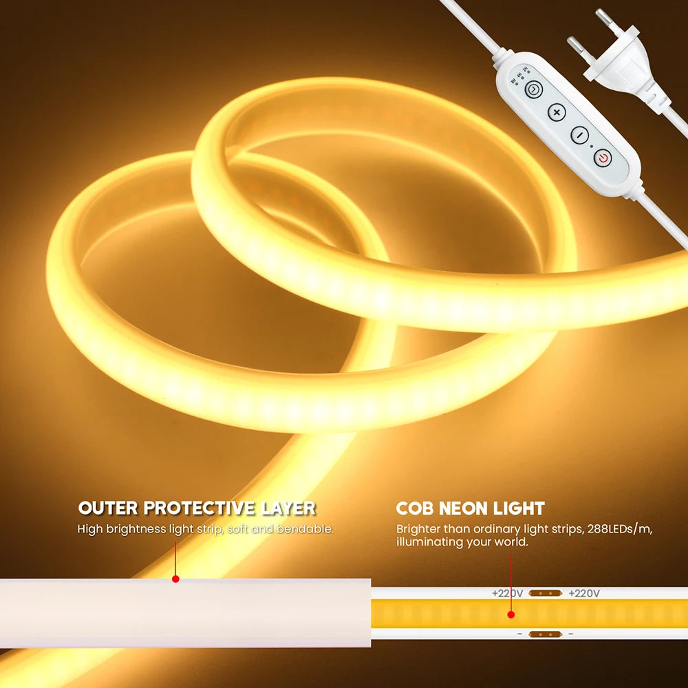 Dimmable 220V COB LED Neon Strip Light 4key Controller EU Plug Flex Tube 3000K 4000K 6000K for Staircase Bar Counter Lighting