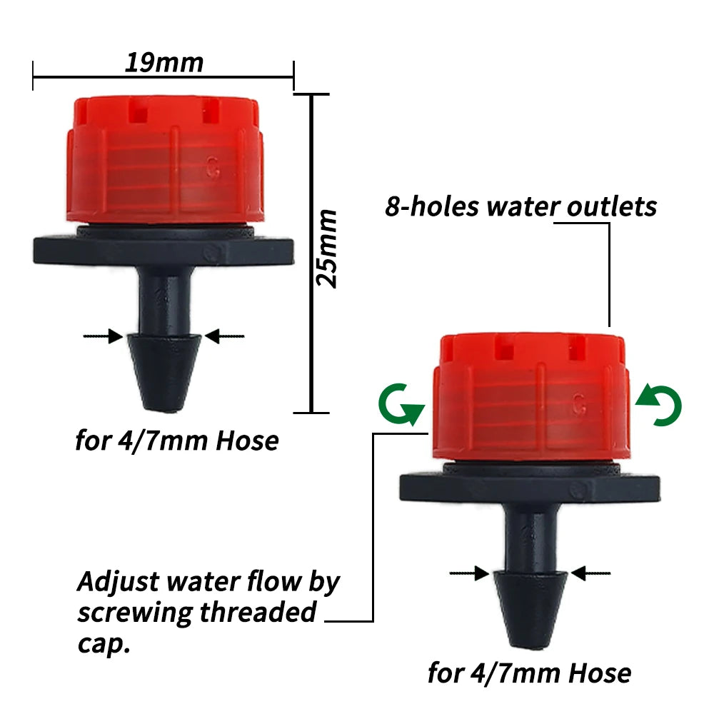 Adjustable 8-outlet red drip emitter for 4/7mm hose with screw-flow control cap