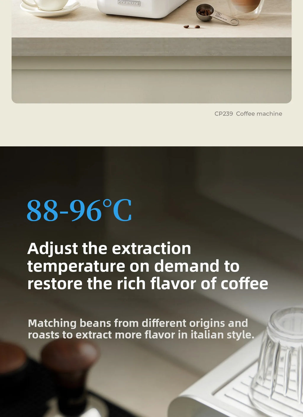Couplux CP239 white coffee machine featuring adjustable temperature settings for optimal extraction and rich flavor.