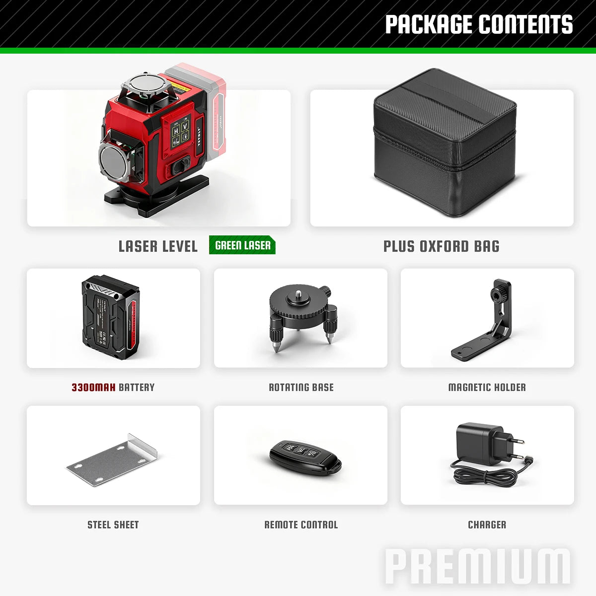 Green laser level kit set: red laser level, plus Oxford bag, rotating base, magnetic holder, steel sheet