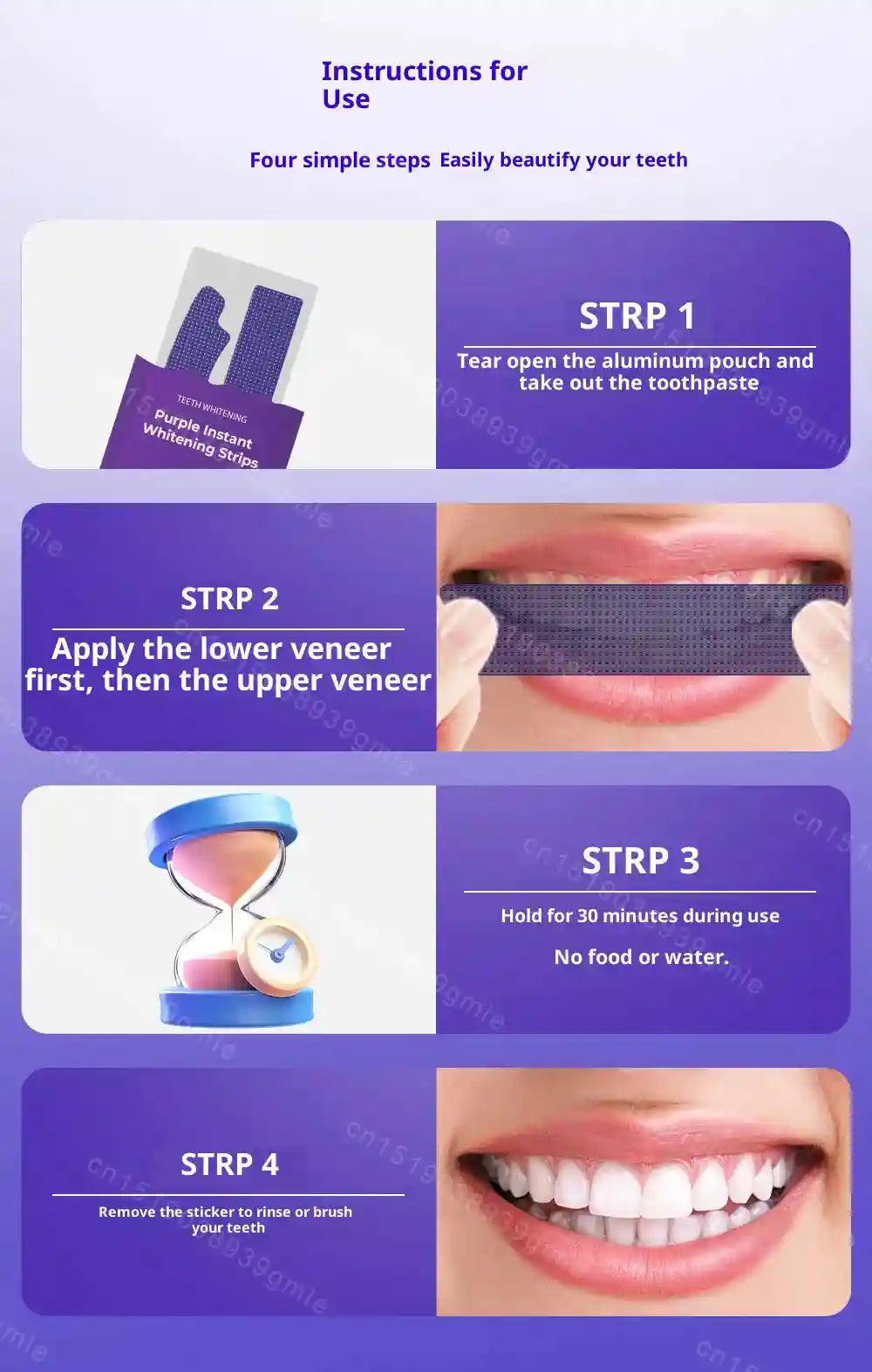 Tidesmit purple teeth whitening strips for sensitive teeth and instant color correction for a brighter smile.