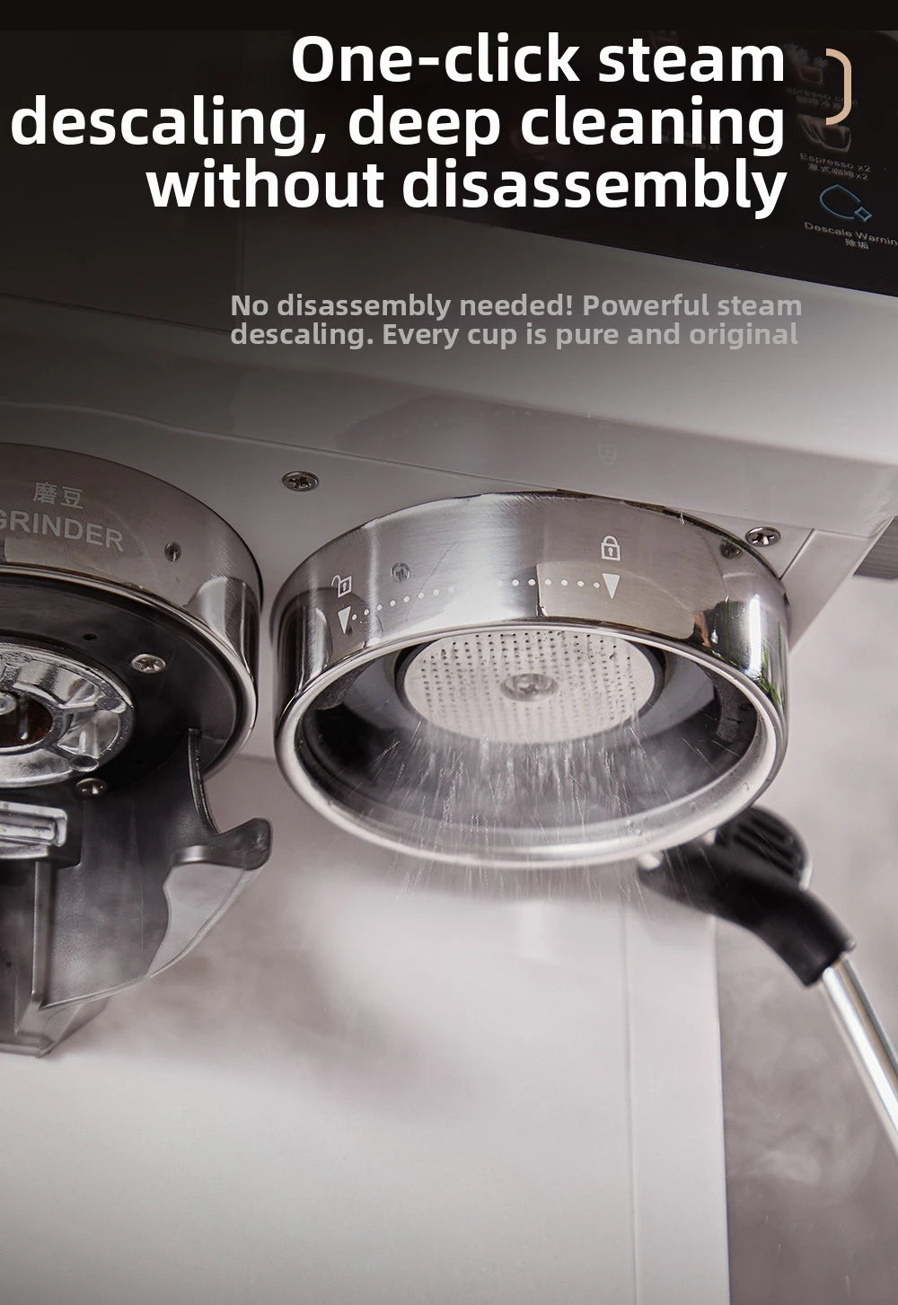 White espresso machine performing an automatic one-click steam descaling deep clean of the chrome group head.