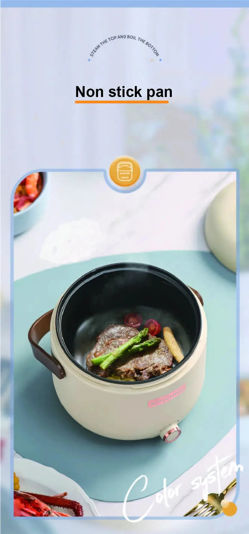 Cream rice cooker with non-stick inner pot holding vegetables and broth