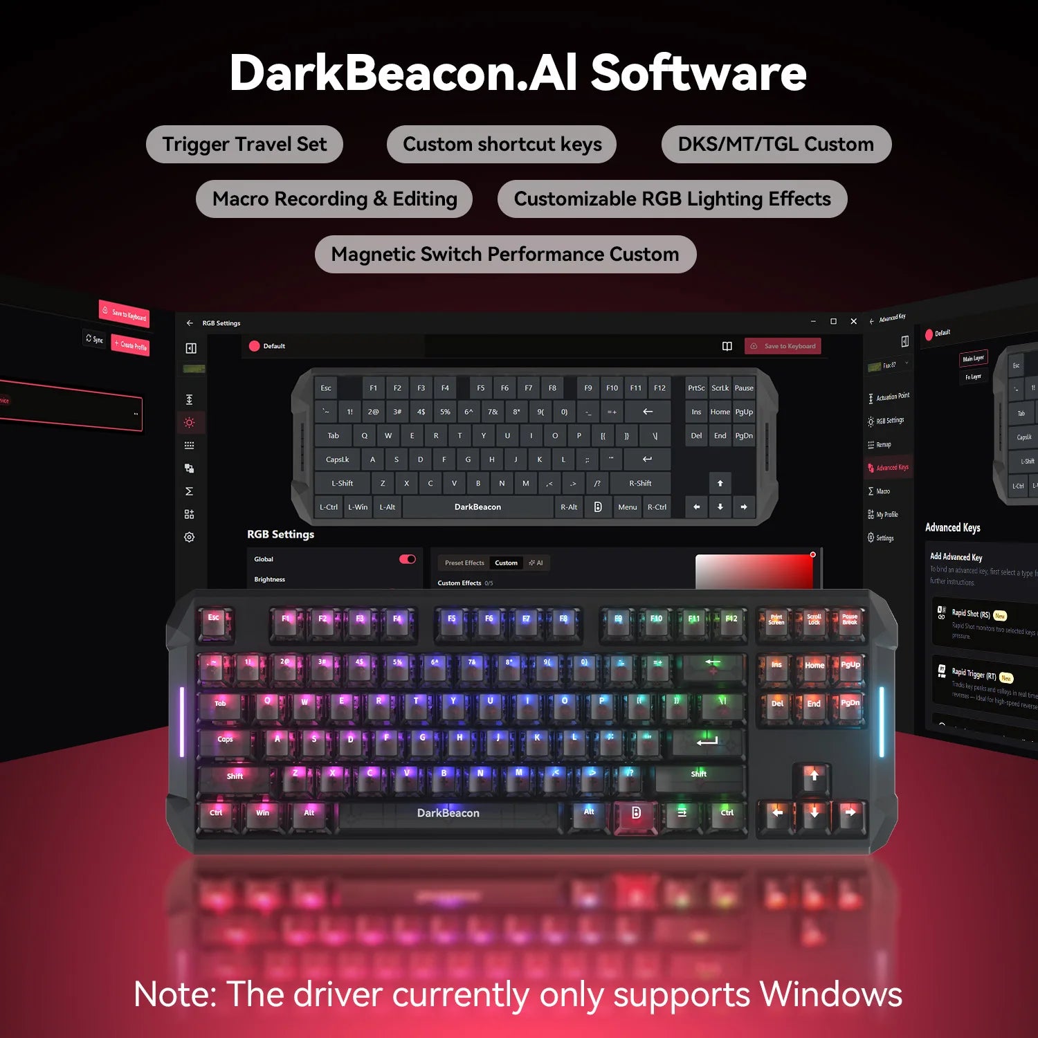 DarkBeacon Flux 87 Hall Effect Gaming Keyboard Wired, 80% Layout PC MAC Esports Keyboards, Red HE Magnetic Switch, 0.01mm Rapid Trigger, Adjustable Actuation, 8000Hz Polling, Hot Swappable, RGB Backlit, RS/SOCD/DKS/MT