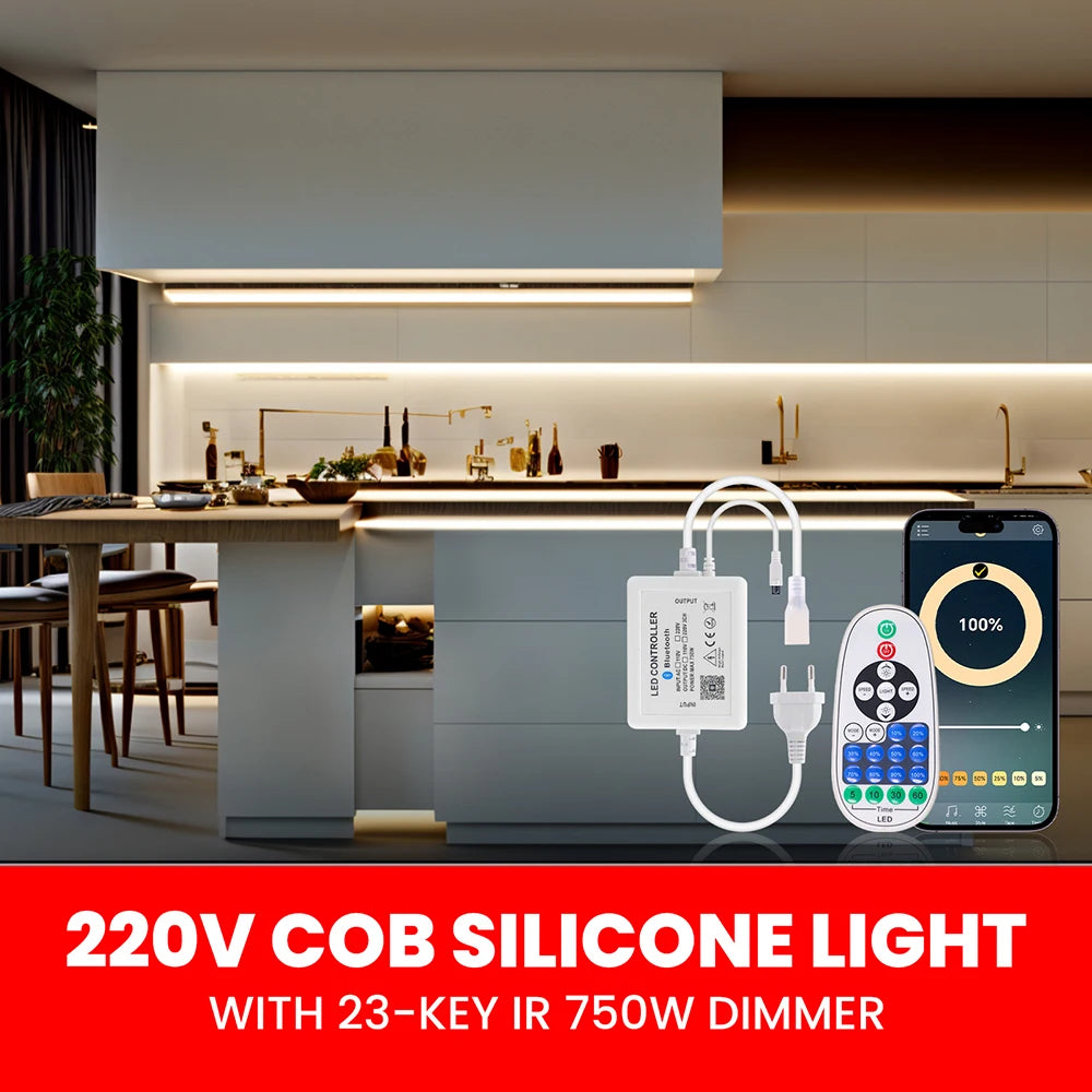 220V Dimmable COB LED Strip Light WIFI Bluetooth Wall Touch 23key Remote Control Power Kit 288LEDs/M Waterproof Flexible Lamp