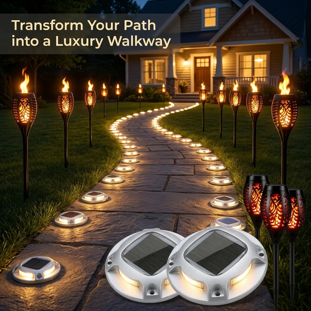 Solar Outdoor Lights Set: Flickering Flame Torch Lights & Round Warm White Ground Lights for Garden Pathway, Lawn Landscape Lighting, Waterproof LED S-Curve Path Guide Lights for Yard, Driveway, and Courtyard Night Atmosphere
