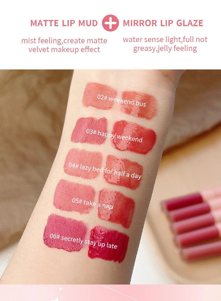 Double-ended lip gloss swatches on arm: matte velvet mud vs. glossy mirror lip glaze in various pigmented shades.