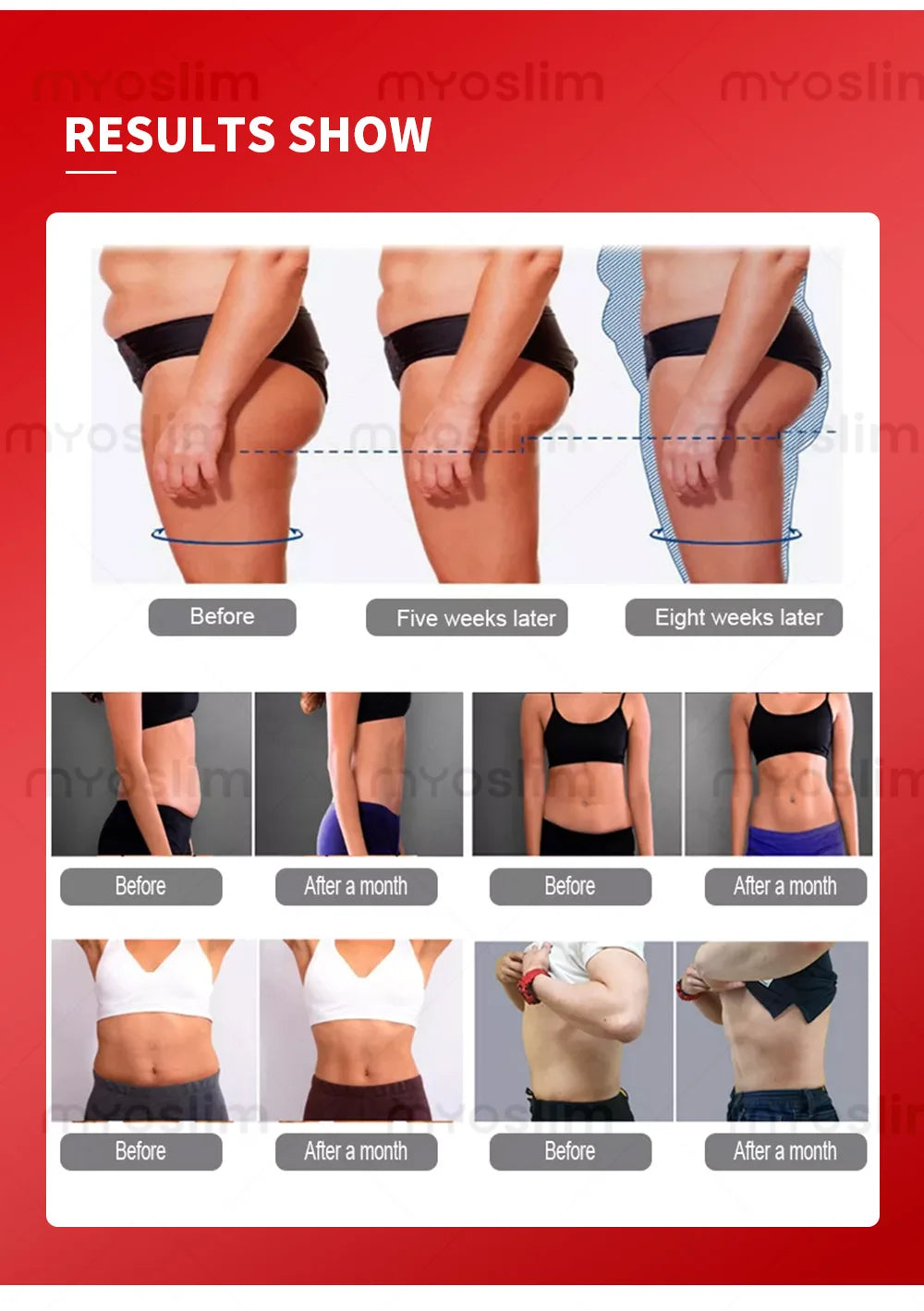Before and after results of EMS body sculpt and inner ball roller machine for fat burning and cellulite reduction.
