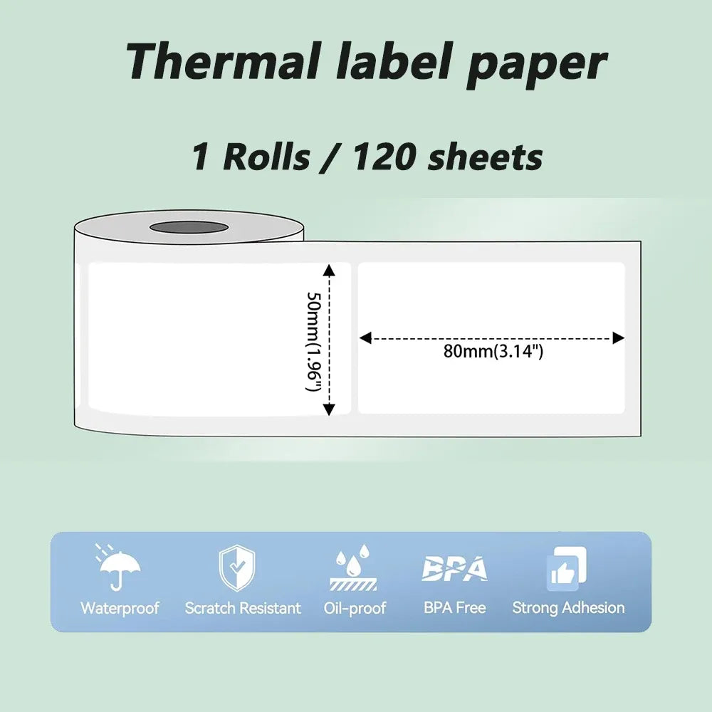 White thermal label paper with size diagram, 1 roll / 120 sheets
