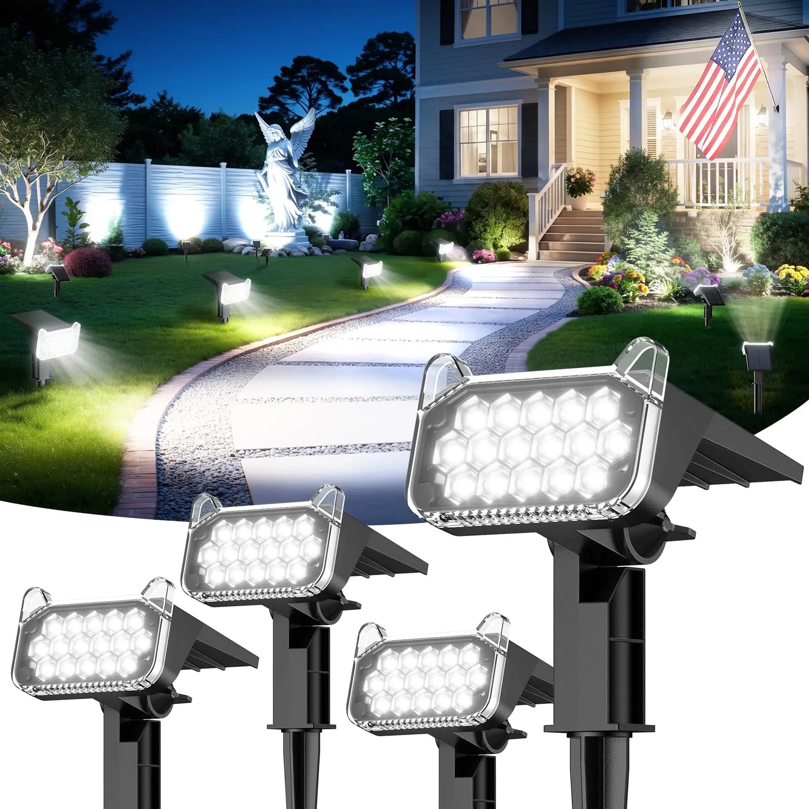 Solar Spot Lights Outdoor Waterproof IP65, Super Bright LEDs with Lens, 6500K 2 Lighting Modes, 2 in 1 Auto On/Off Solar Powered Spotlights for Yard Flag Landscape Tree, Cool White