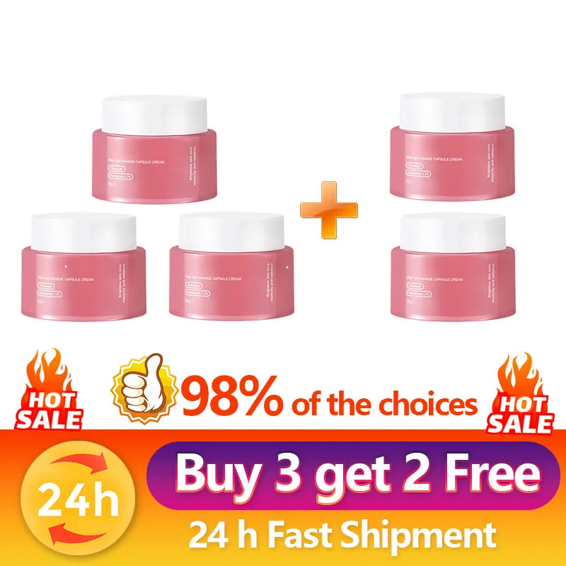 Pink face cream jar set with white cap and label, multiple containers for skincare