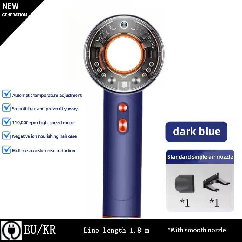 Dark blue high-speed negative ion hair dryer with nozzle attachment, 110k rpm motor, and silent noise reduction tech.