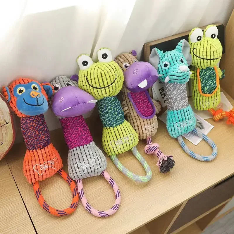 Colorful plush animal dog toys with rope for interactive play and teeth cleaning. Durable squeaky chew toys for pets.