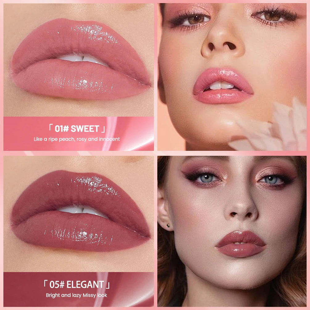 QIBEST glossy watery lip glaze in pink and mauve shades with a high-shine mirror finish for moisturizing lip makeup.