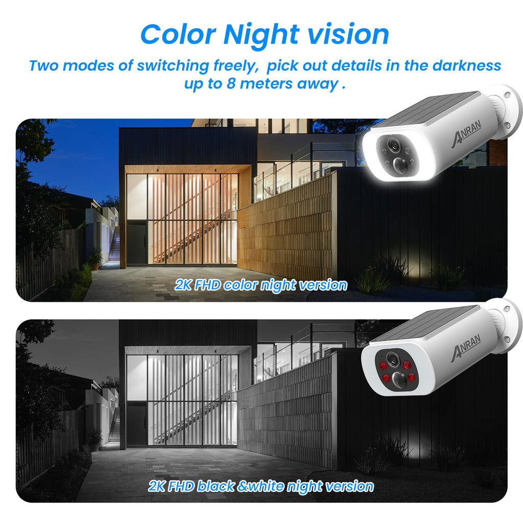 ANRAN 2K Solar Camera Built-in Battery 3MP 2.4G WIFI Security Camera Flood lights Free Basic Cloud Storage Color Night Vision