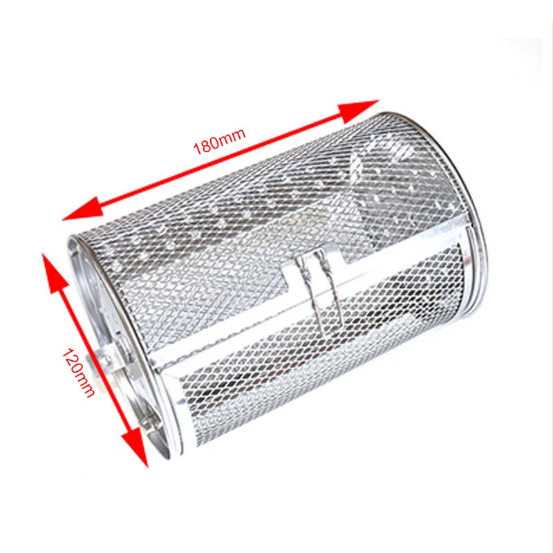 Stainless steel rotisserie basket drum dimensions: 180mm length and 120mm diameter