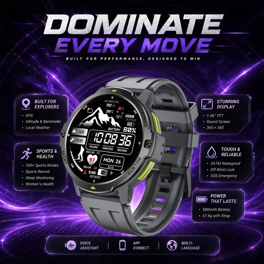 Grey GPS smartwatch with 1.46-inch display and dark rubber sport strap