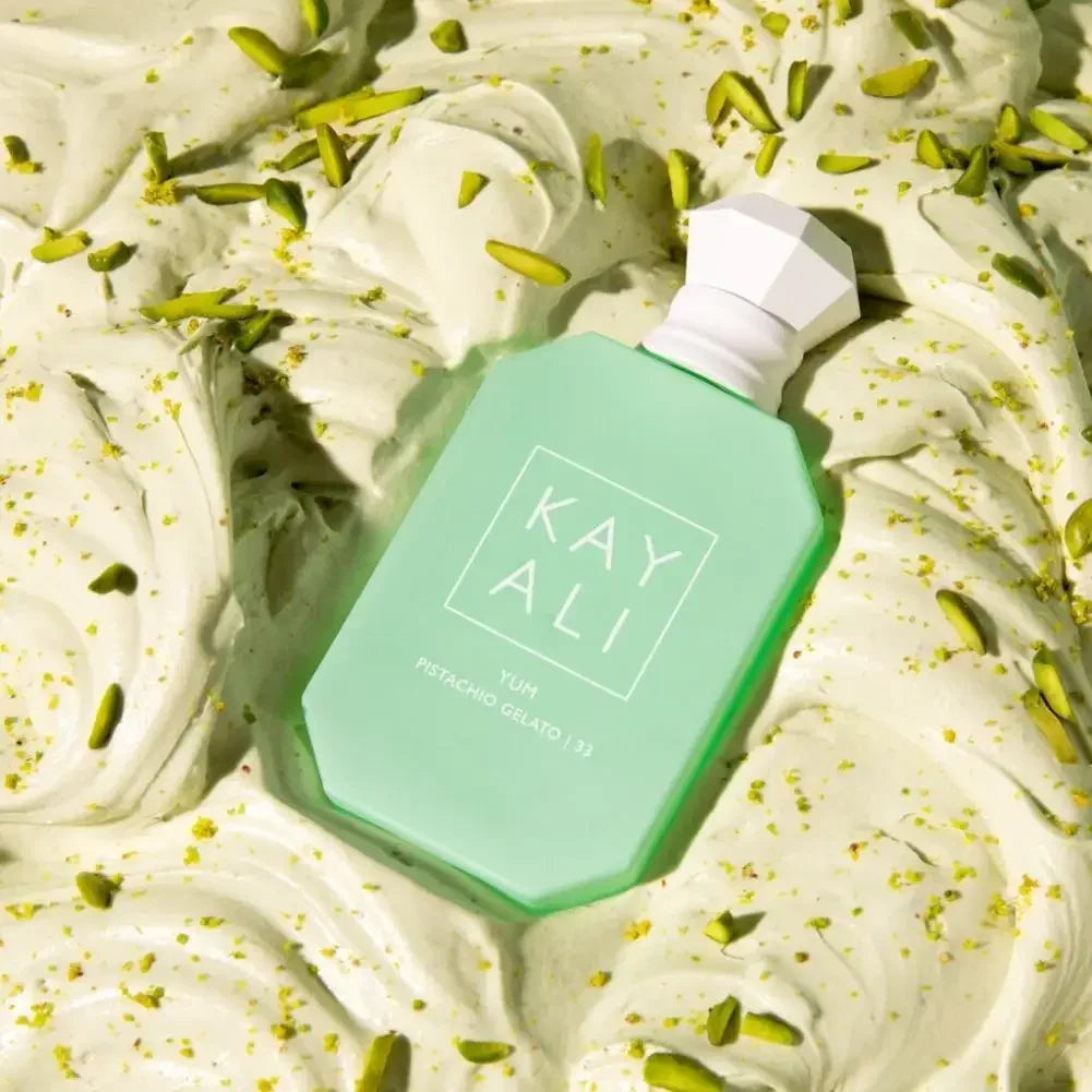 Kayali Yum Pistachio Gelato 33 EDP, 100ml green rectangular bottle, sweet gourmand floral women's luxury perfume.