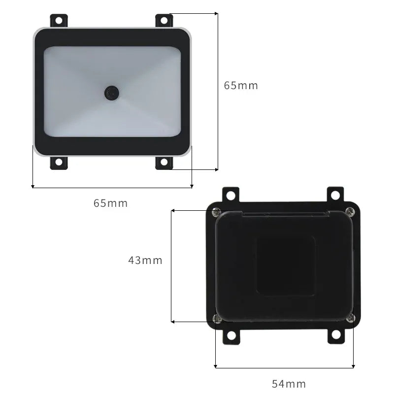 Embedded barcode scanner module showing front and side views with mounting holes