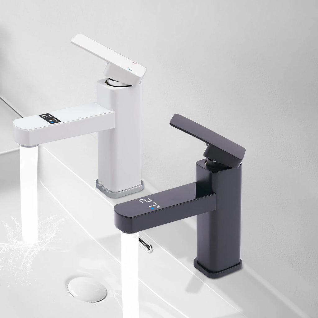 Black/White LED's Smart 0-99°C Temperature Digital Display Faucet 10.5*17.5cm G1/2" Deck Mount Basin Faucet