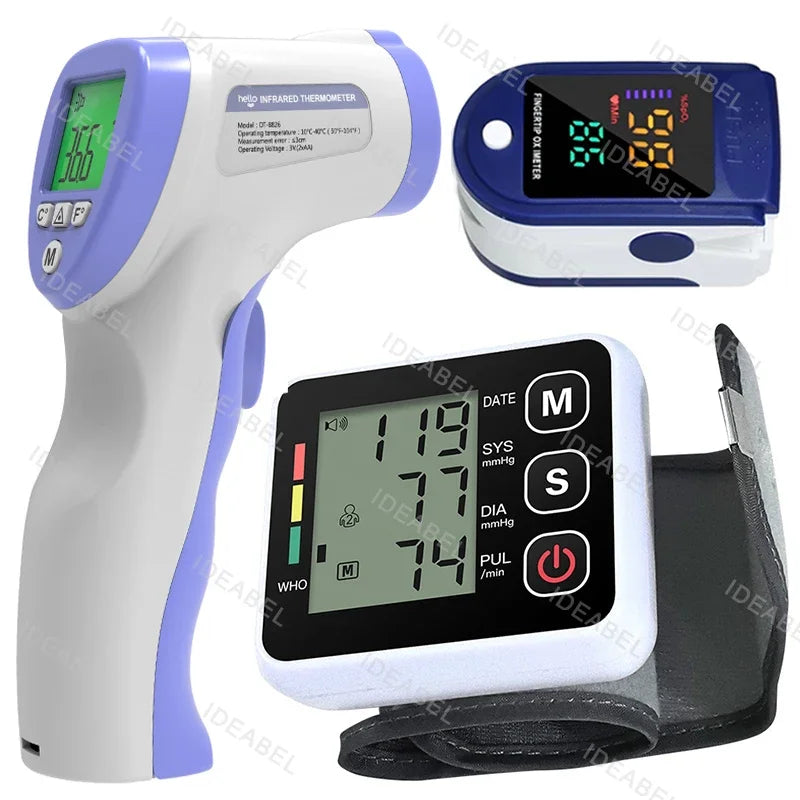 Digital Blood Pressure Monitor Wrist Tensiometer Electronic Sphygmomanometer Tonometer with LCD Forehead Digital Thermometer