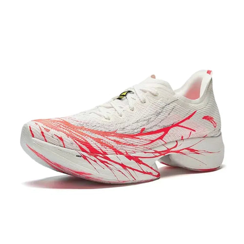 Anta C10 Pro white running sneakers with red paint splatter, Nitro foam midsole, and sleek, lightweight mesh design.
