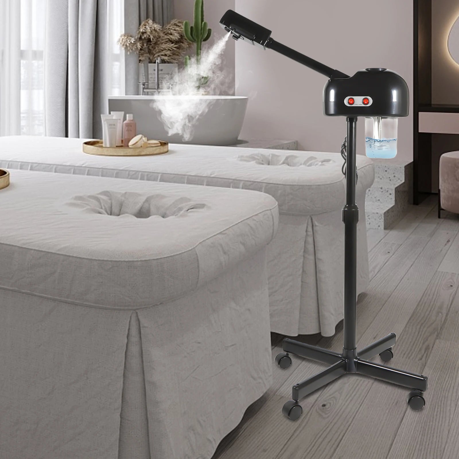 Black 800W portable facial steamer with adjustable height, 750ml tank, and rolling stand for salon spa pore cleaning.