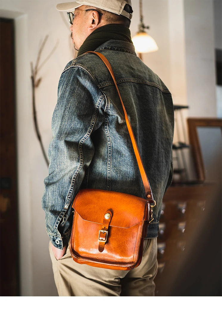 Fashion vintage outdoor daily genuine leather men's small phone shoulder bag designer handmade luxury cow leather crossbody bag