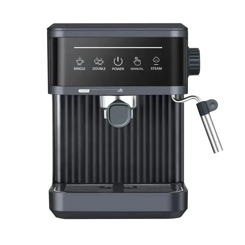 Matte black espresso coffee machine with touch control panel, steam wand, and ridged base design.