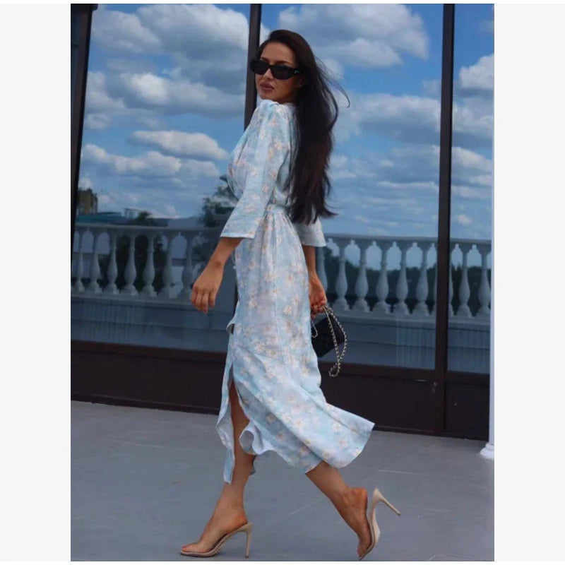 Fashion Sexy Organza Floral Printed Maxi Dress V-neck Puff Sleeve 2026 New Summer Romantic Women Party Gown Elegant Lady Vestido