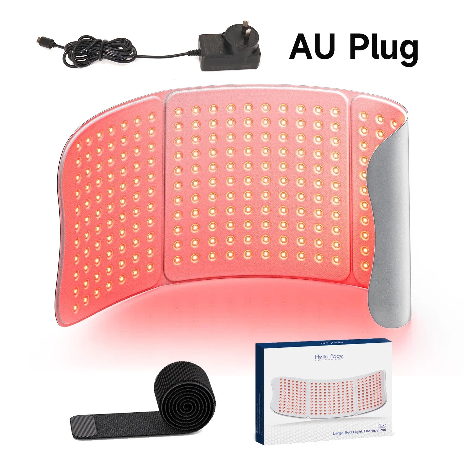 Large, flexible red light therapy mat with 792 LEDs, AU power plug, Velcro strap, and product packaging.