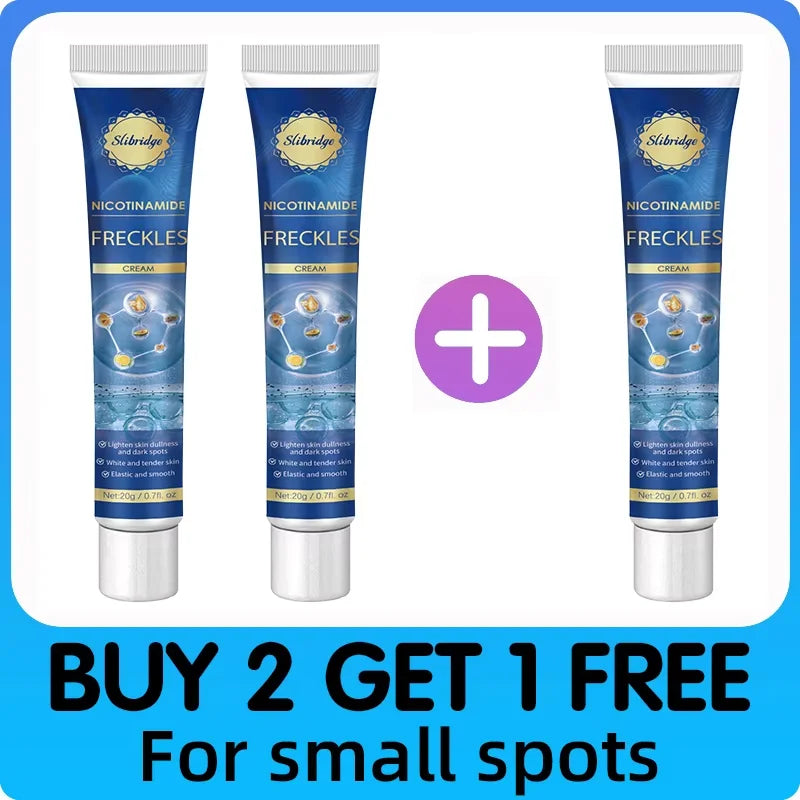 Three tubes of Slibridge Nicotinamide Freckles Cream in blue packaging, promoting a buy 2 get 1 free offer.