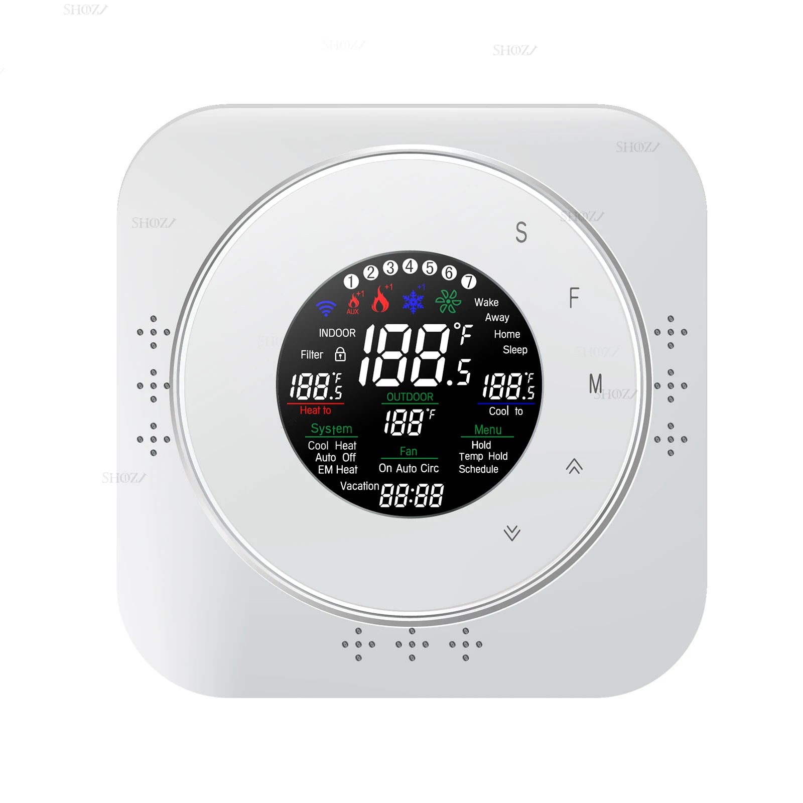 White air source heat pump thermostat with circular display and temperature control icons