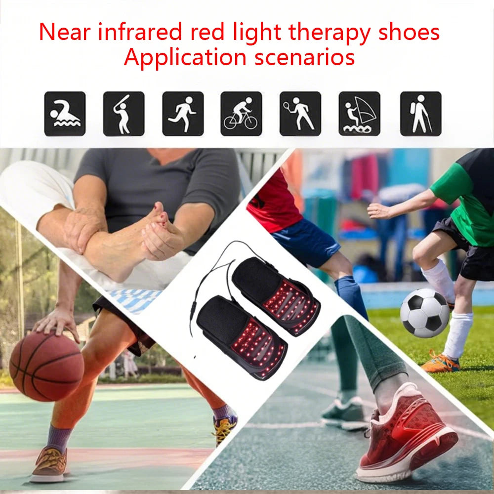Red light therapy foot massage boots with LED infrared beads for plantar fasciitis pain relief and athletic recovery.