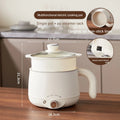 White electric multi cooker with glass lid, side handle, and display of silicone plug