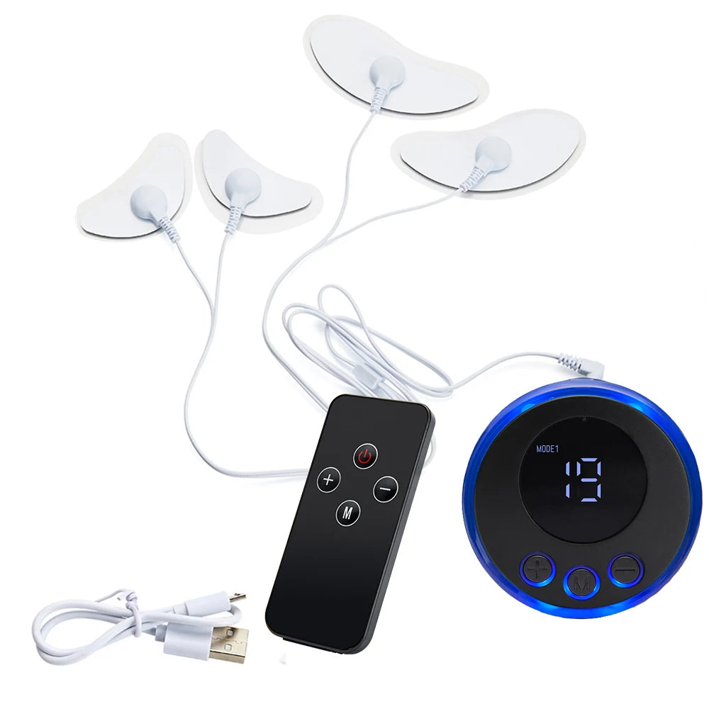 Electric EMS eye beauty massager with electrode pads, remote control, and LED display for facial lifting and anti-aging.