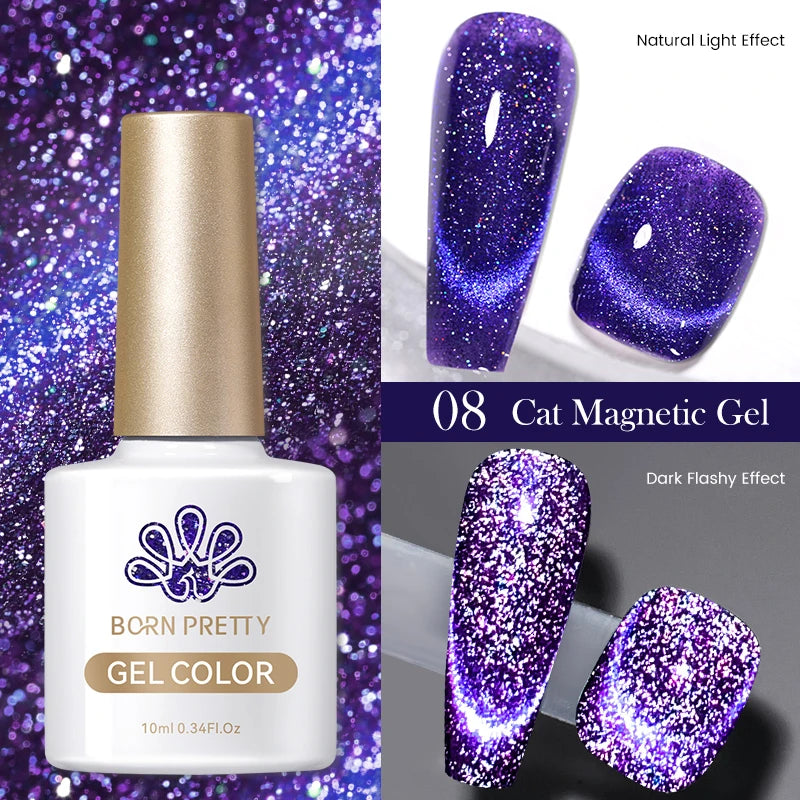 Purple cat magnetic gel polish in a 10ml bottle, showing shimmering reflective finishes on nail swatches.