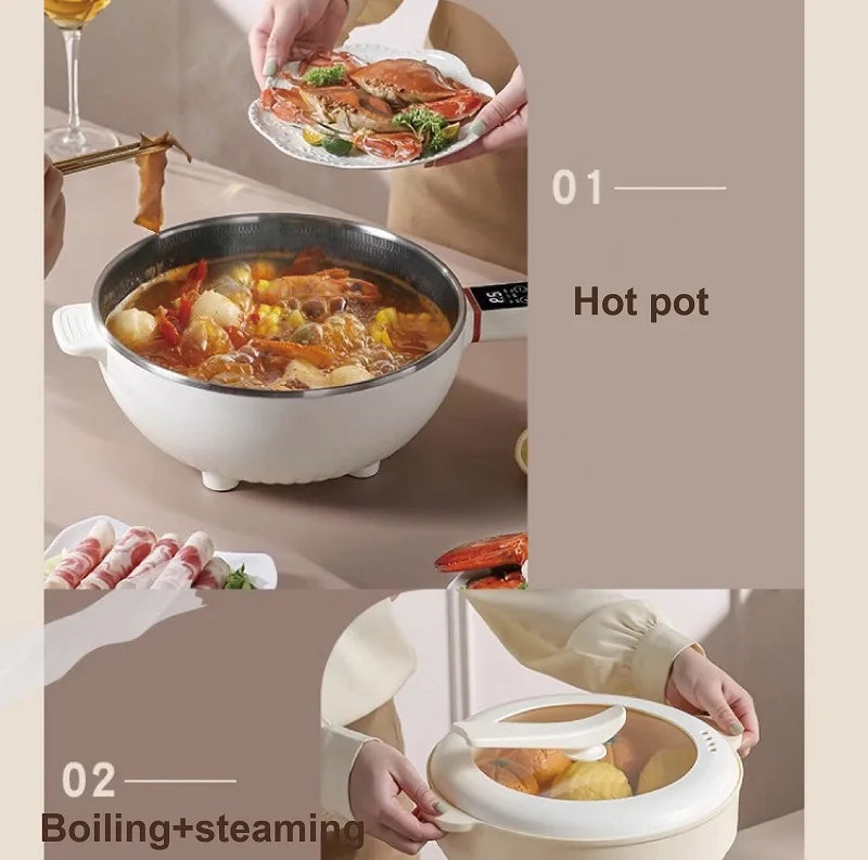 White electric hot pot with lid, hands serving soup with seafood and vegetables