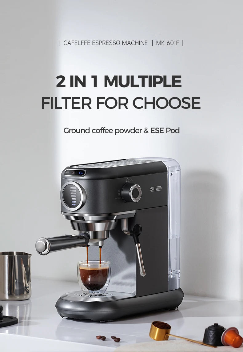 Cafelffe MK-601F 2-in-1 black espresso machine brewing coffee into a glass cup with portafilter and milk frother.