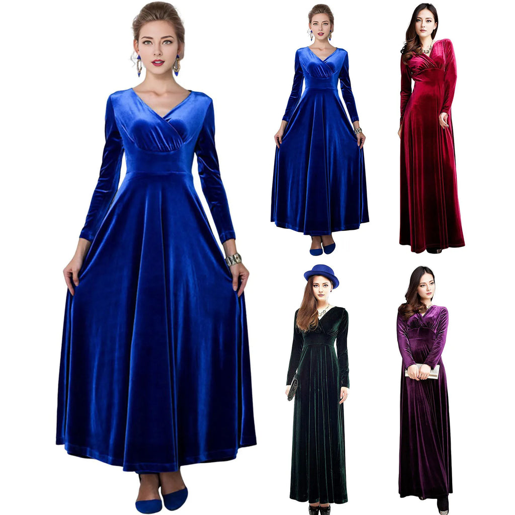 Vintage Women Autumn Long Sleeve V Neck Pleated Velvet Banquet Party Maxi Dress Party Wedding Elegant Evening dress 