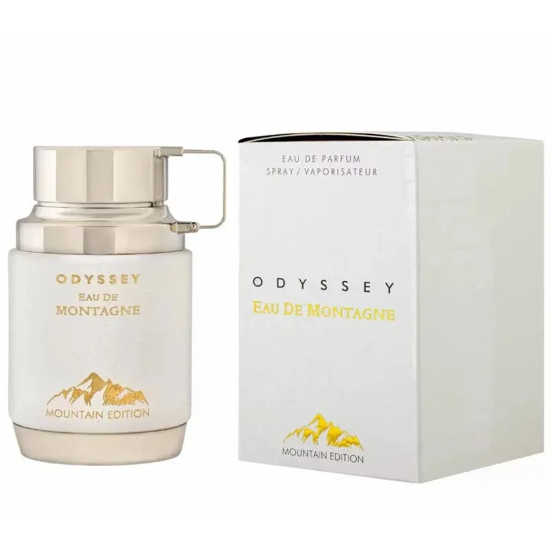 Armaf Odyssey Eau de Montagne Unisex EDP: White cylindrical bottle, metallic top, woody scent for lasting daily wear.
