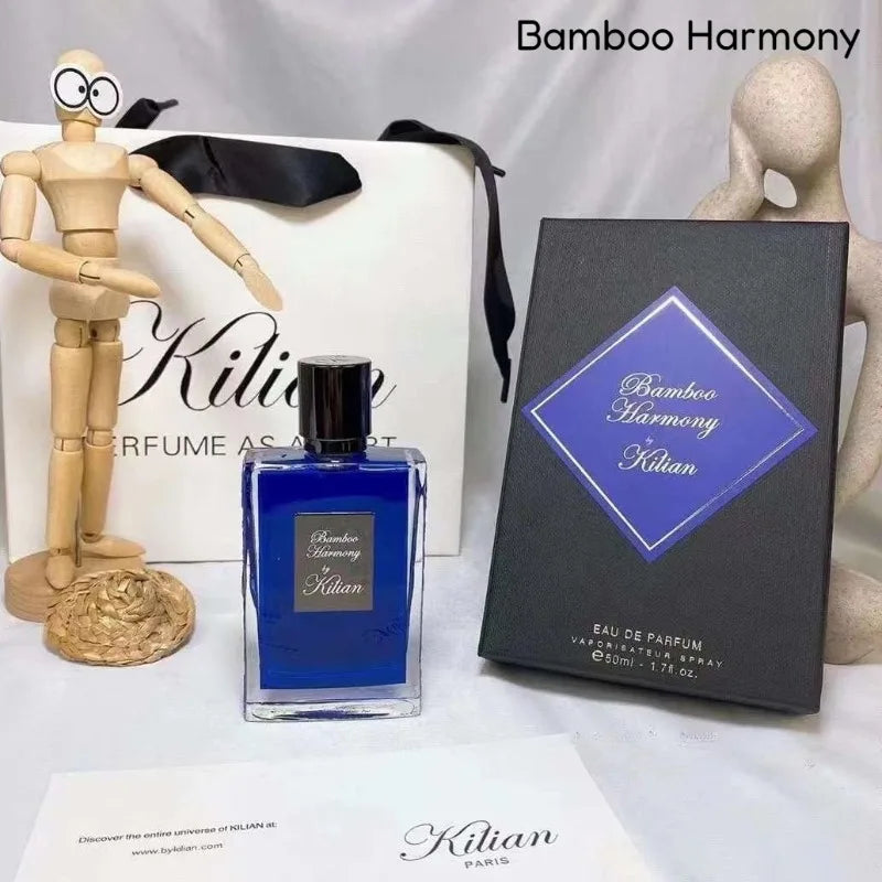 Kilian Bamboo Harmony Unisex EDP 50ml: Blue square bottle, woody citrus niche fragrance in luxury black gift box.