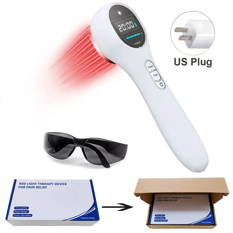 Handheld white cold laser therapy device with red light, digital display, protective glasses, and US plug for pain.