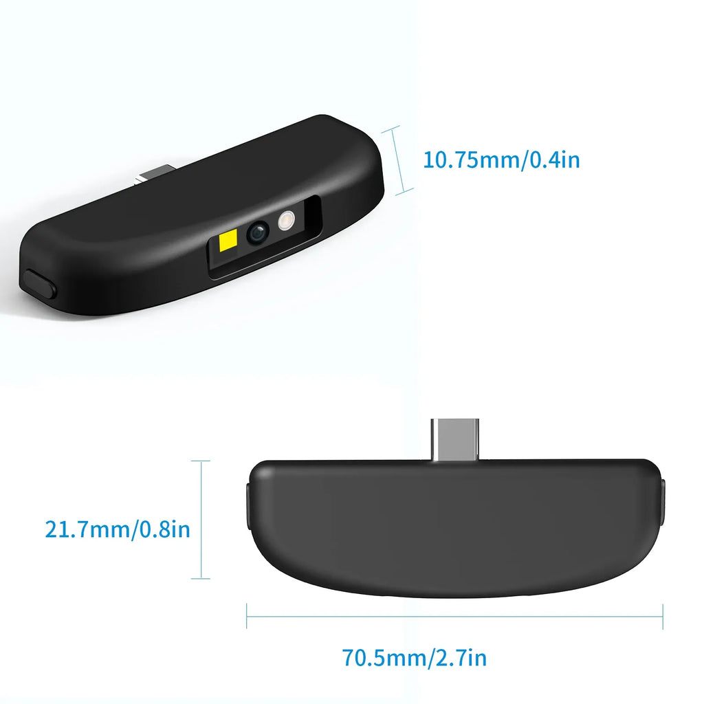 Compact 2D barcode scanner dock with USB connector, side view with dimensions