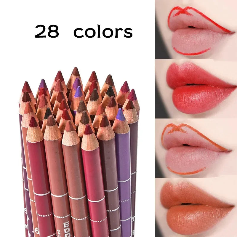 Waterproof velvet matte lip liner pencils in 28 colors for precise lip shaping and long-lasting lipstick application.
