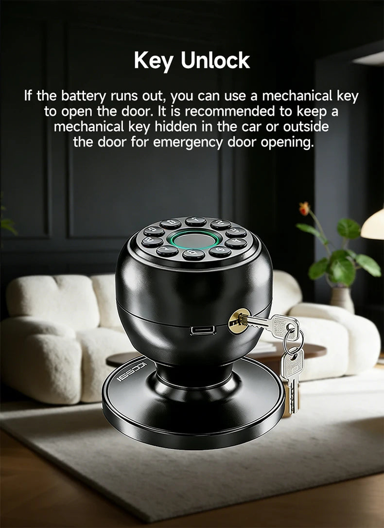 ICCSSI K10CPLUS Smart Lock Tuya Spherical Door Lock Tuya Fingerprint Password Key 4-in-1 Unlock for Airbnb Home Aluminum Alloy